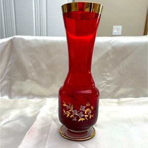 EUC VTG Czech Bohemian Ruby Red Glass Vase Gilded with Hand-Painted Flowers